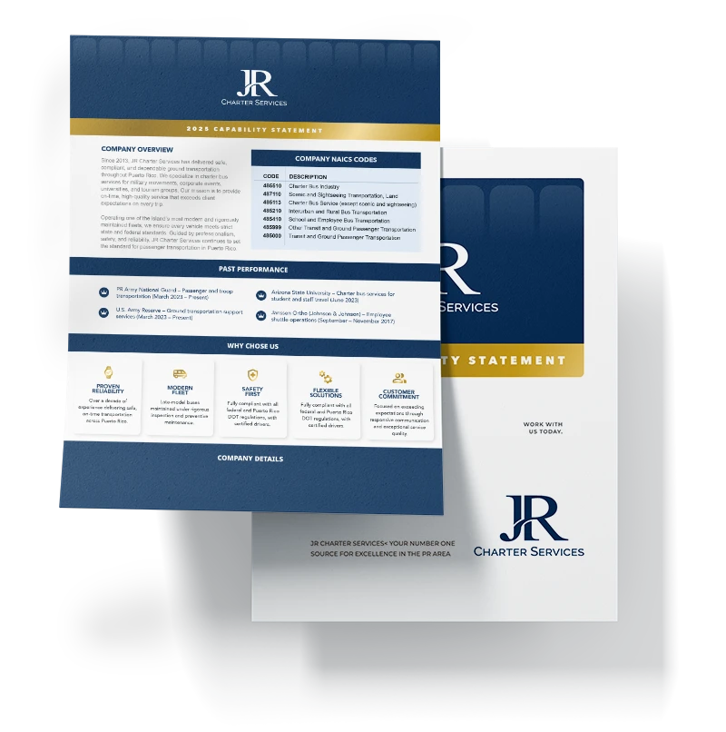 A preview of the capability statement for JR charter services